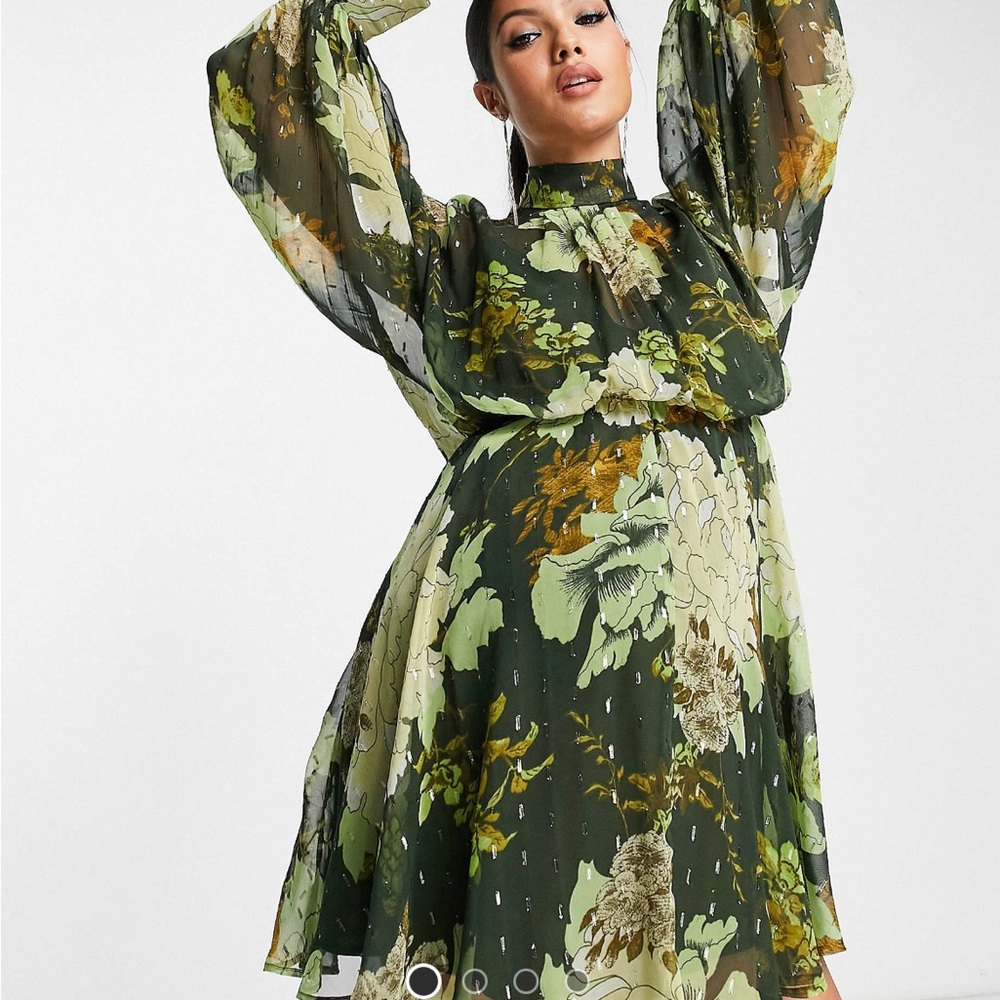 Asos Maternity chiffon mini dress with wrap neck detail in green floral print
